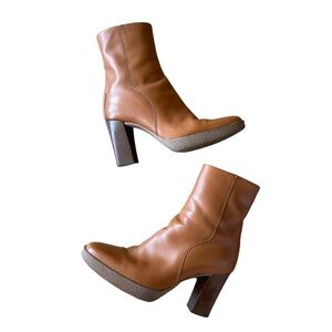 Tod's Cognac Brown Leather Ankle Boots Block Heel Women’s Size 6.5